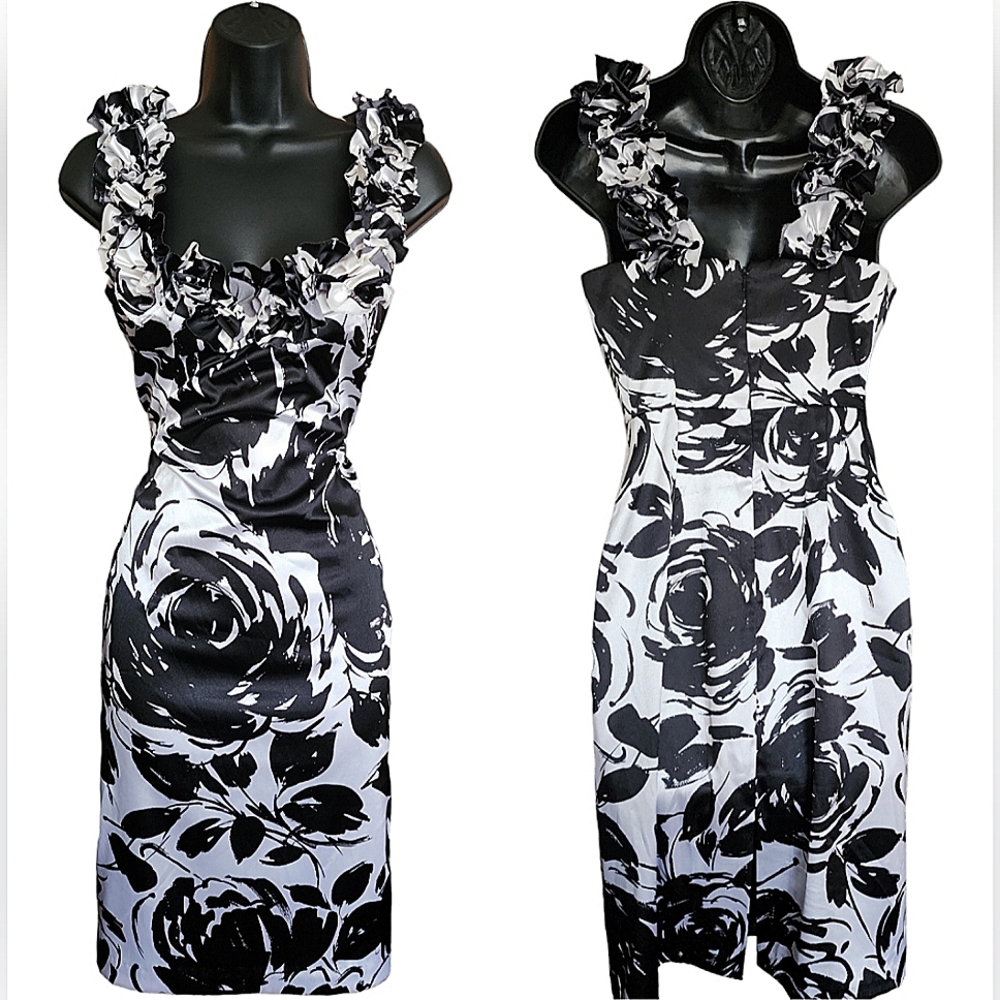 ☆White House Black Market White & Black Floral Print Split Hem Midi Dress☆